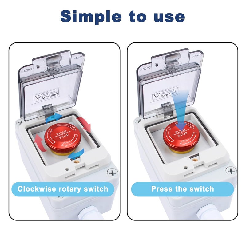 MARSTEK Emergency Stop Button with Box 10 Amp 22mm Latching Push Button Switch, Aluminum Alloy Round Emergency Stop Switch, IP65 Waterproof E Stop Emergency Shut Off Switch, 1NO 1NC 440V (32A Box) - Image 3
